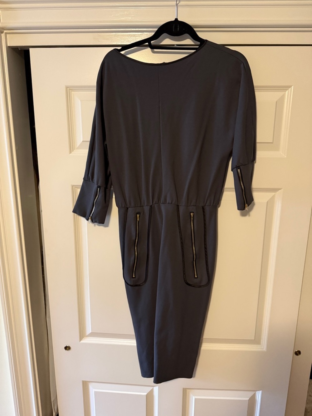 Gray Midi Sheath Dress with Zip-Pocket Details